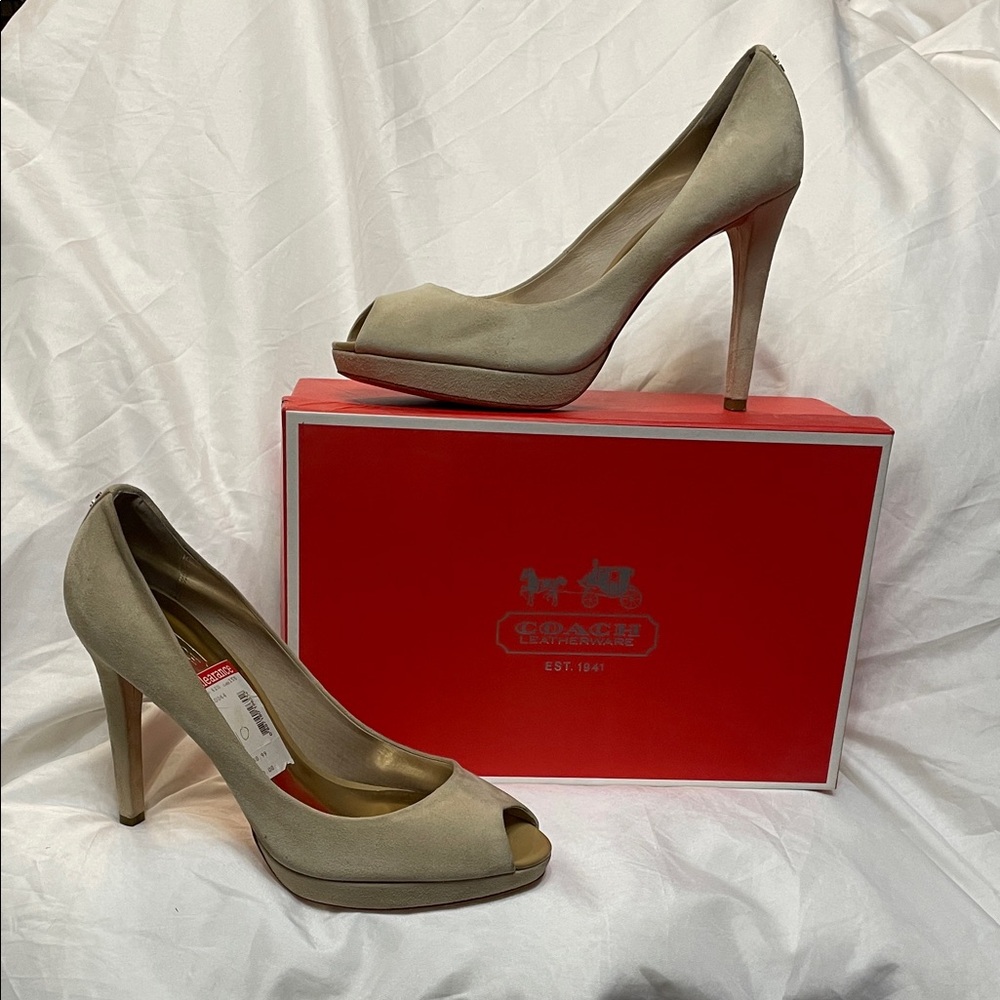 COACH Leatherware Sexy Cappuccino Peep-Toe Kid Suede Platform Stilettos, 10